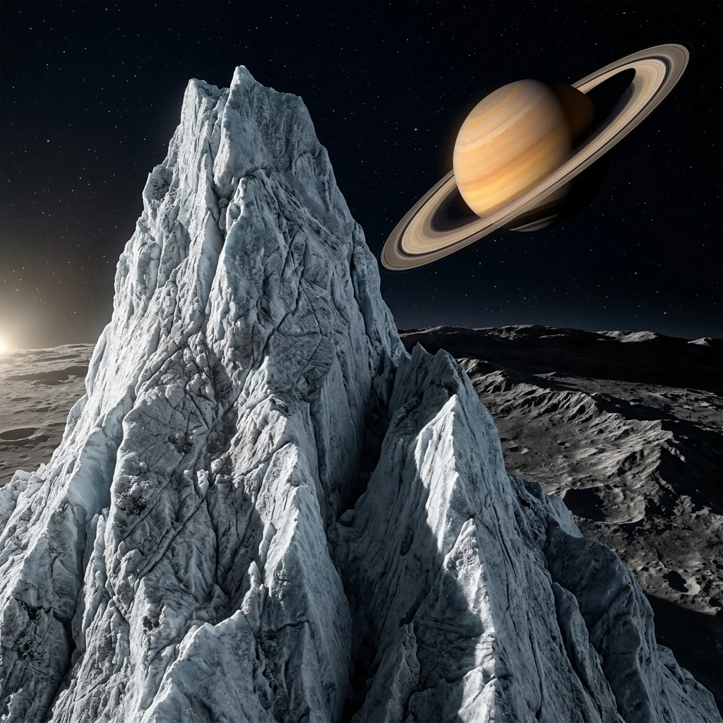 Icy mountain peak with Saturn in the sky
