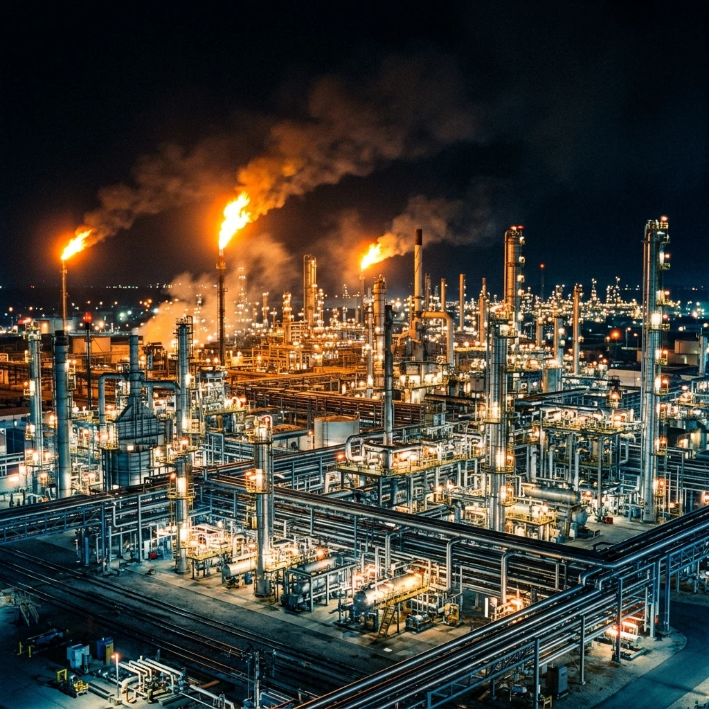 A sprawling oil refinery lit like a glowing metropolis at midnight