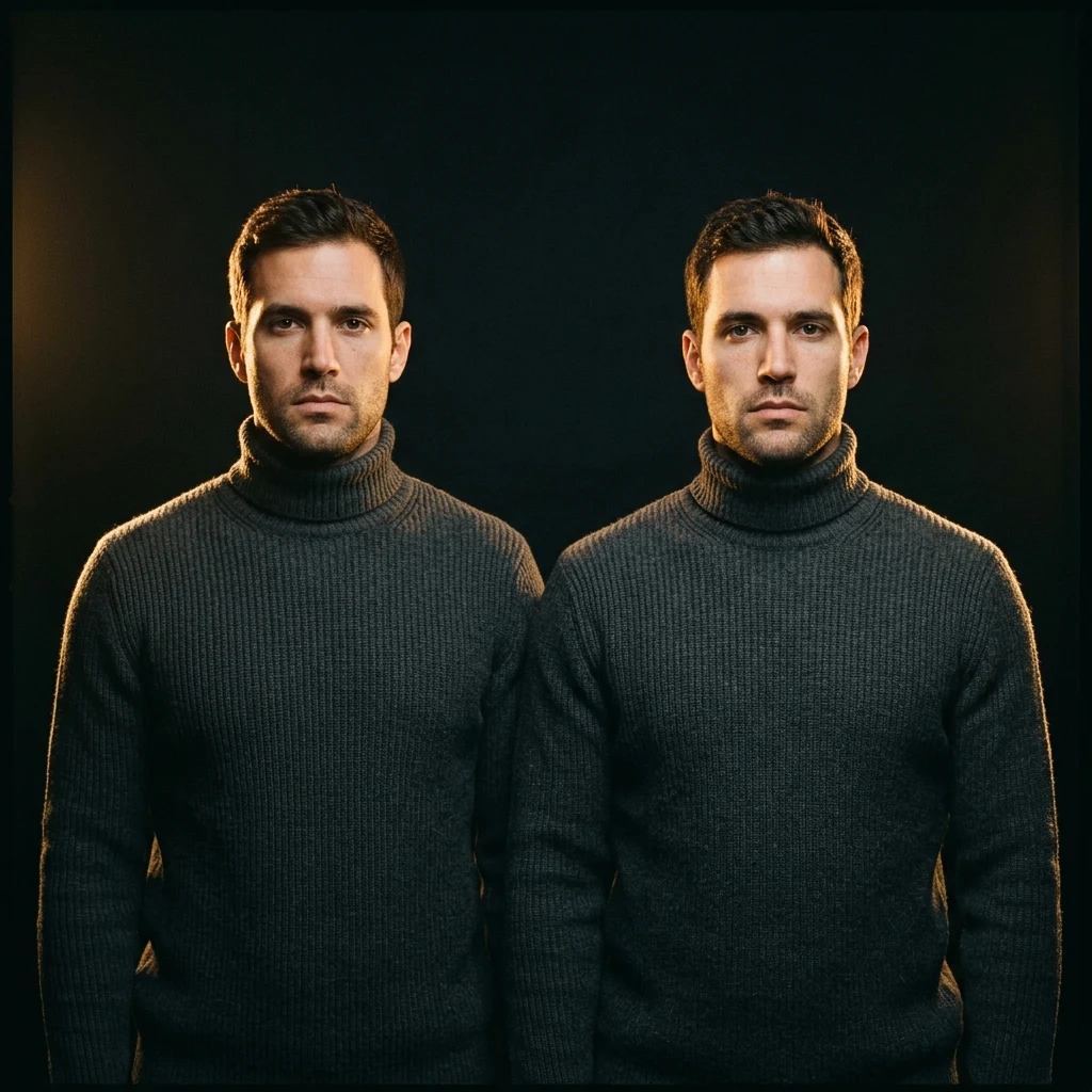 Adult male identical twins in dark turtleneck sweaters standing shoulder-to-shoulder