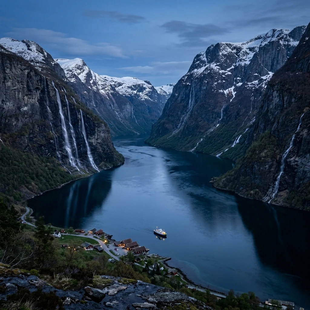 A long-exposure photograph of a deep Norwegian fjord cut into the Scandinavian Mountains