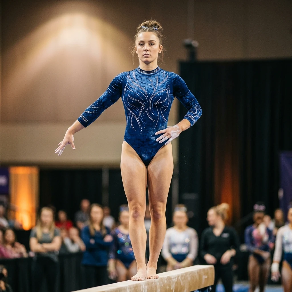 A female gymnast in a long-sleeve crushed-velvet leotard embellished with rhinestones