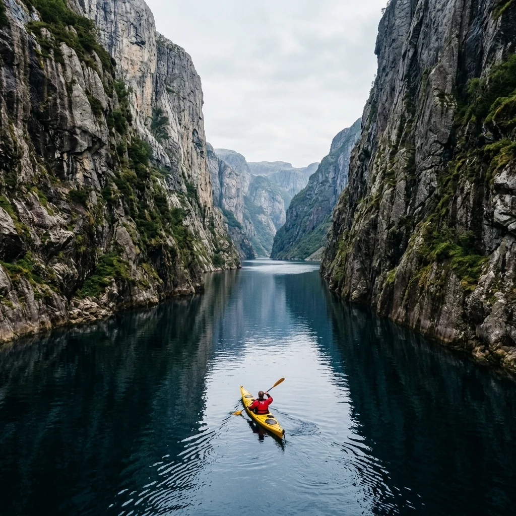 A sea kayaker paddling through a narrow coastal fjord in the Dinaric Alps