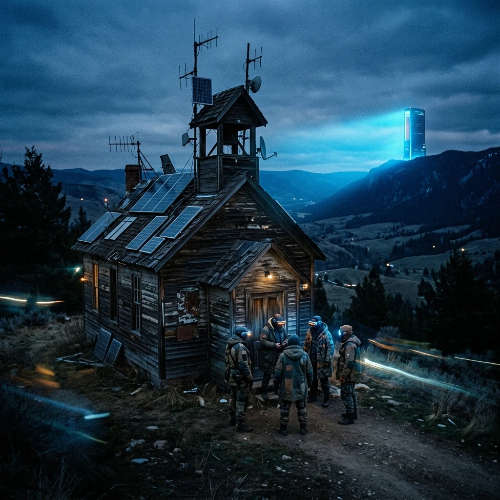 Rural chapel with modern technology at twilight