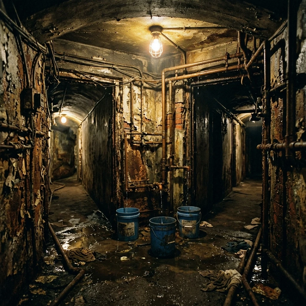 Dripping pipes in a dark hallway