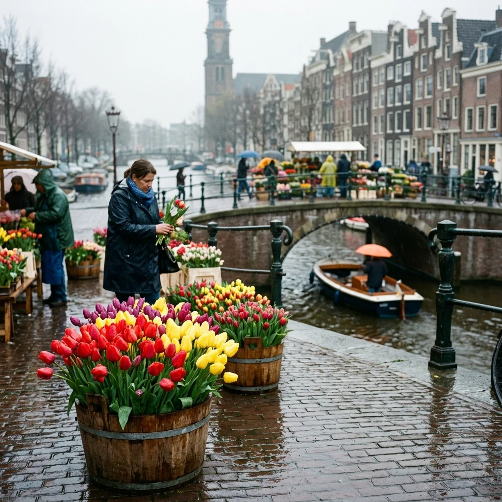 A flower market on a canal bridge in Amsterdam in light drizzle