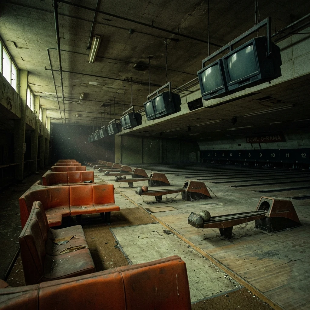 An abandoned 1970s bowling alley with faded orange vinyl seating