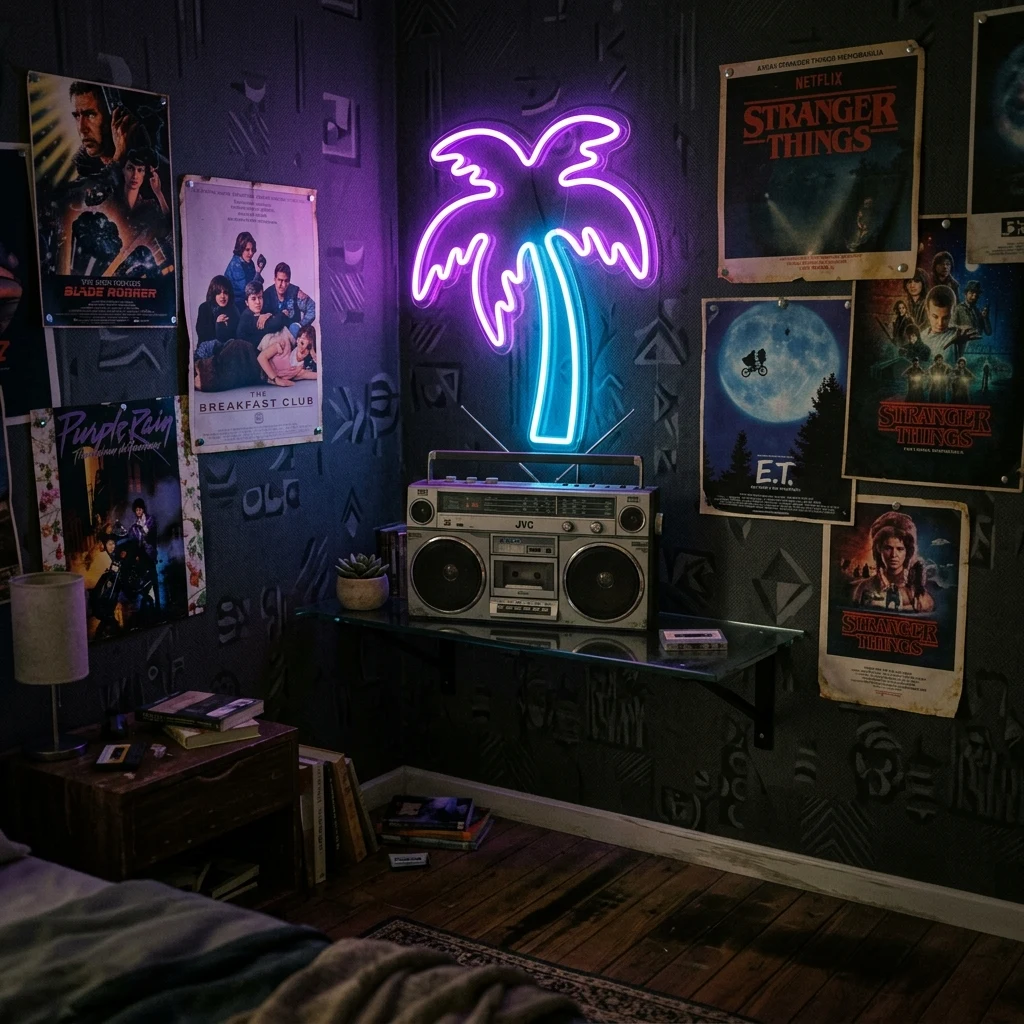 A dimly lit bedroom corner with a glowing neon palm tree lamp