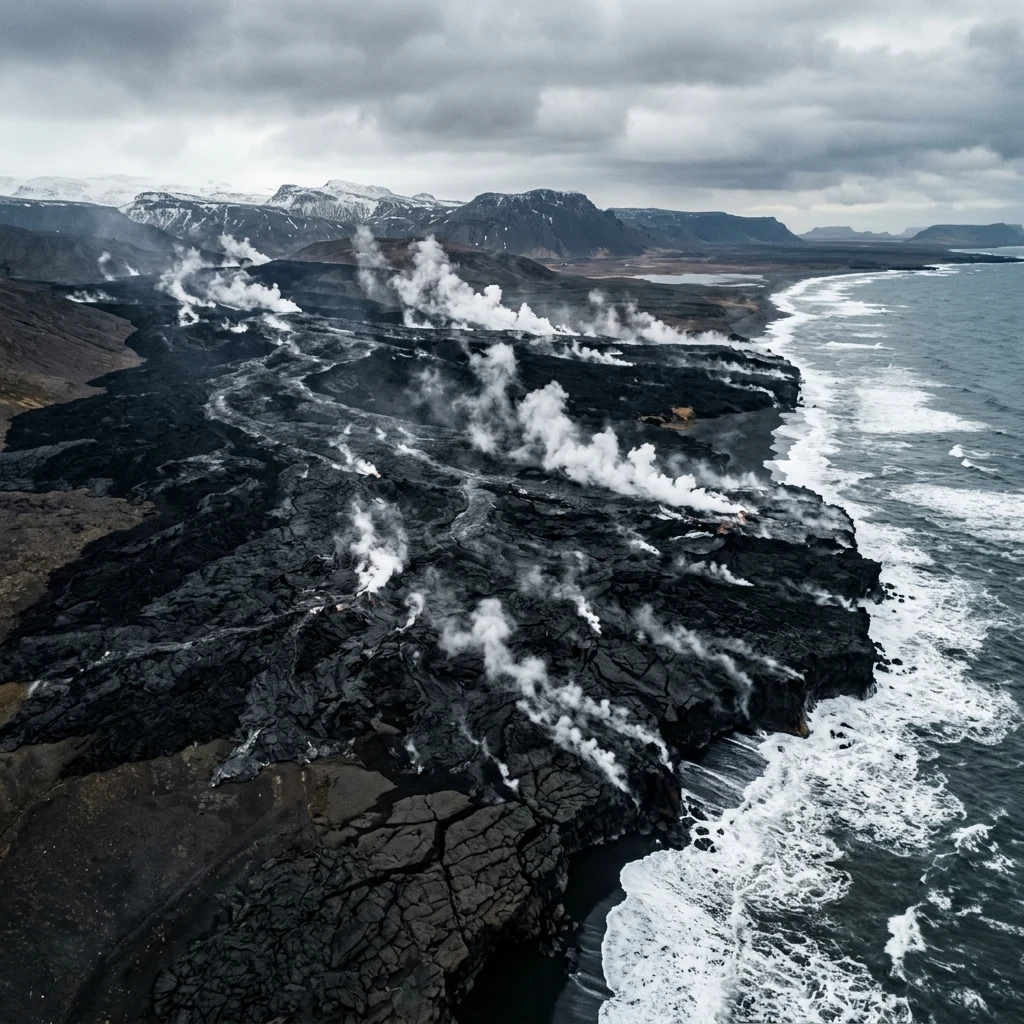 A stark aerial drone photograph of the black lava fields and steam vents of the Reykjanes…