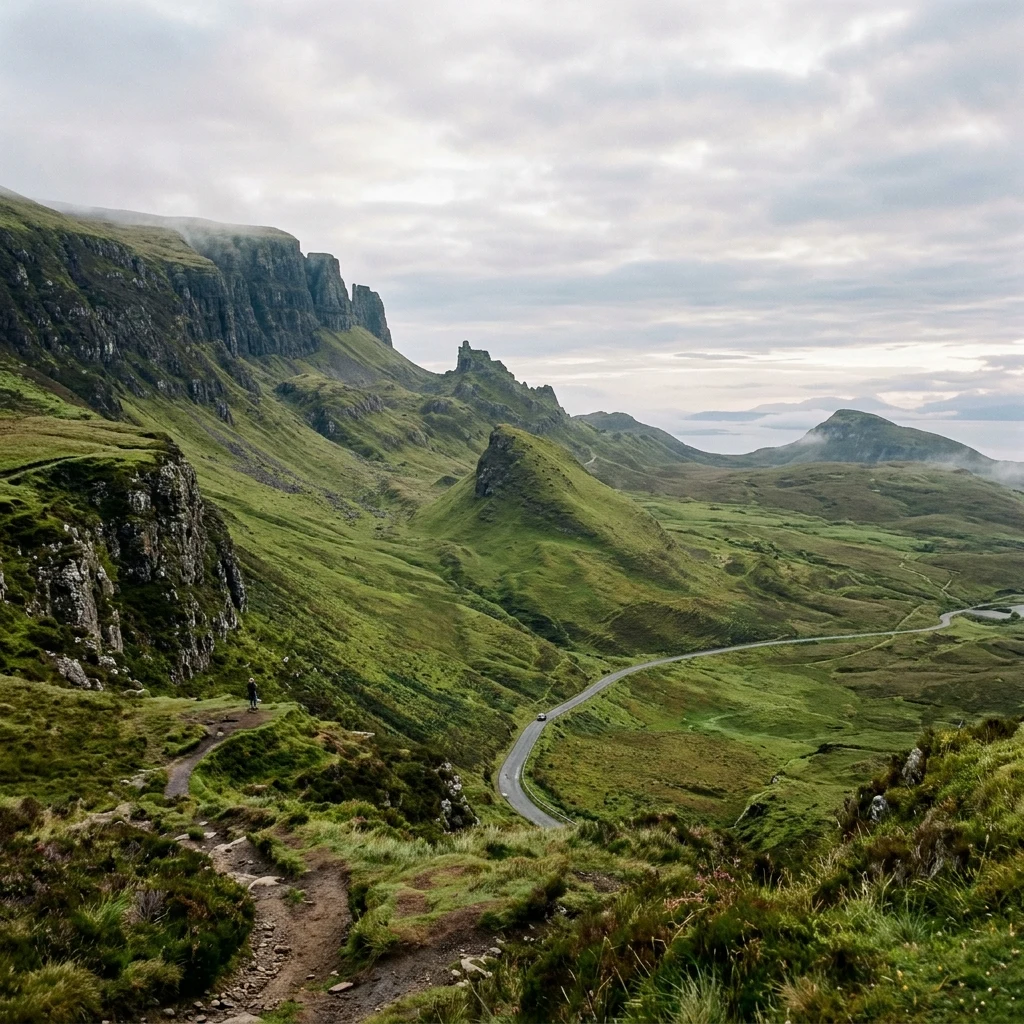 National Geographic style landscape of the geological landslide of the Quiraing in the…