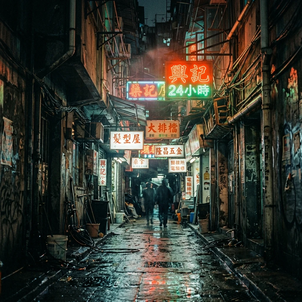 Neon lights reflecting in a wet city alley
