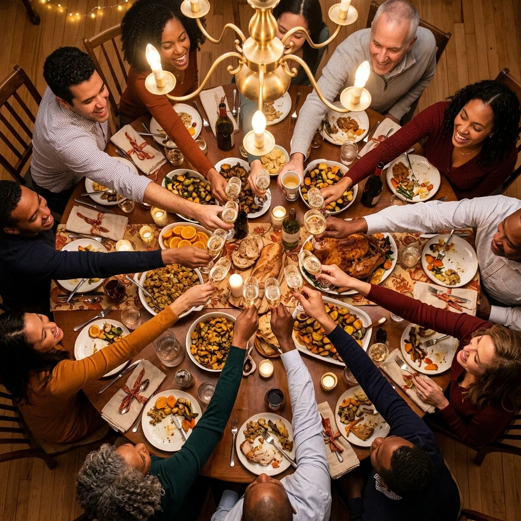 A long family dinner caught mid-toast from directly overhead
