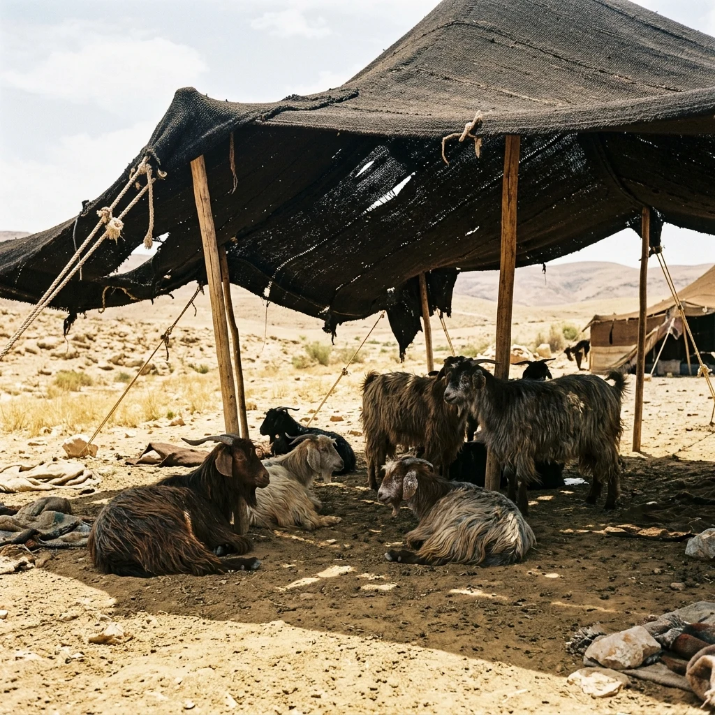A nomadic goat herd resting under the shade of a hand-woven black wool tent