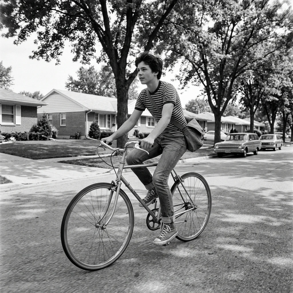 Boy riding a bicycle down a street
