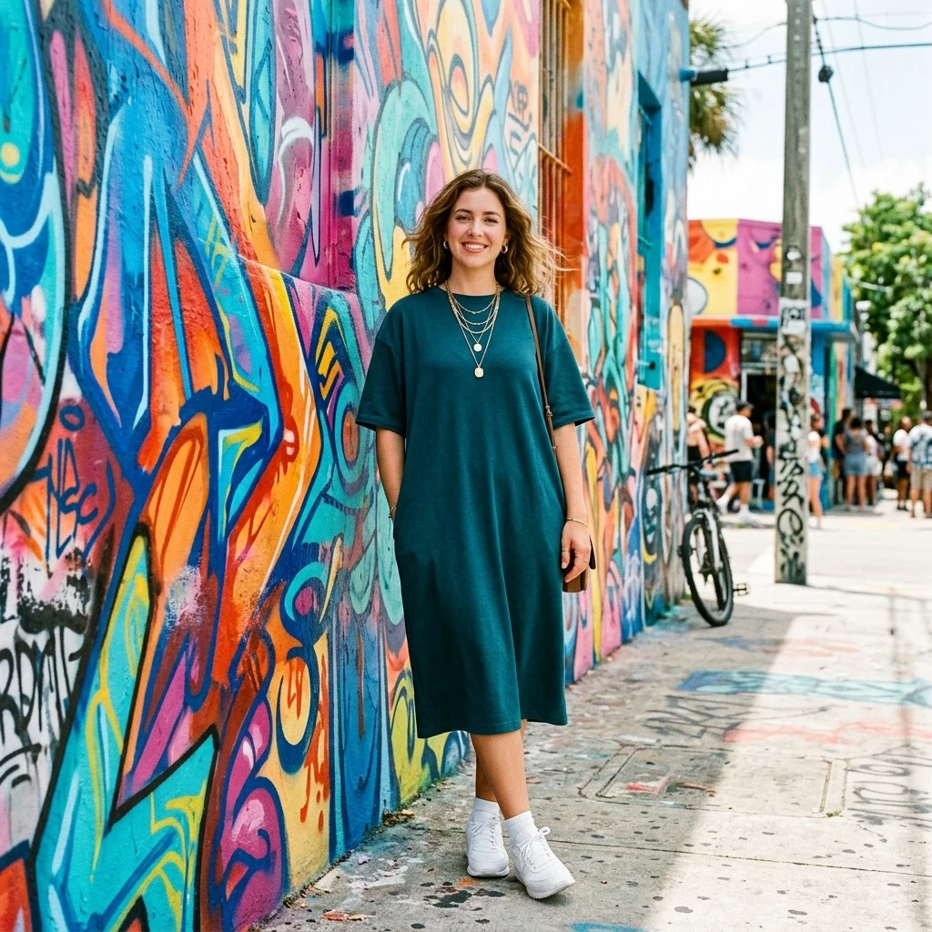 Person posing in front of urban mural