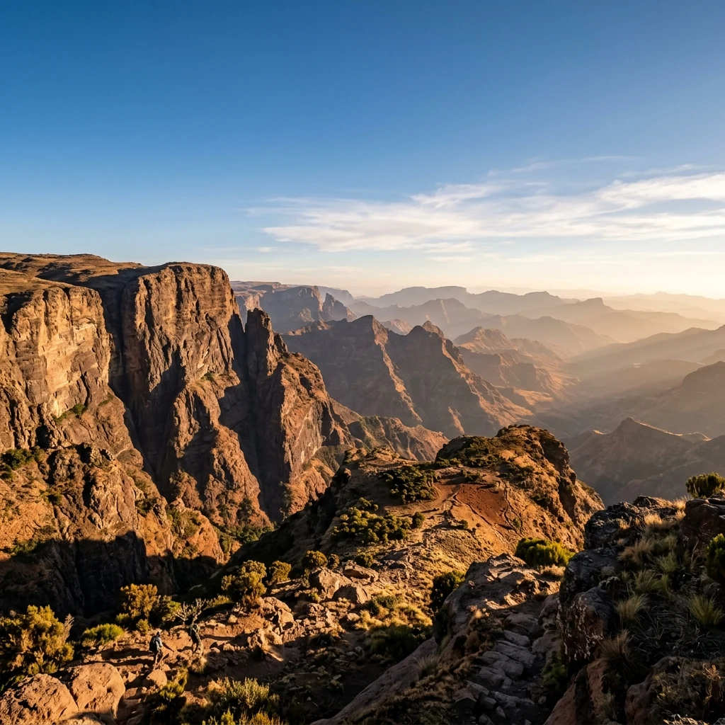 National Geographic style panoramic photograph of the Simien Mountains in Ethiopia