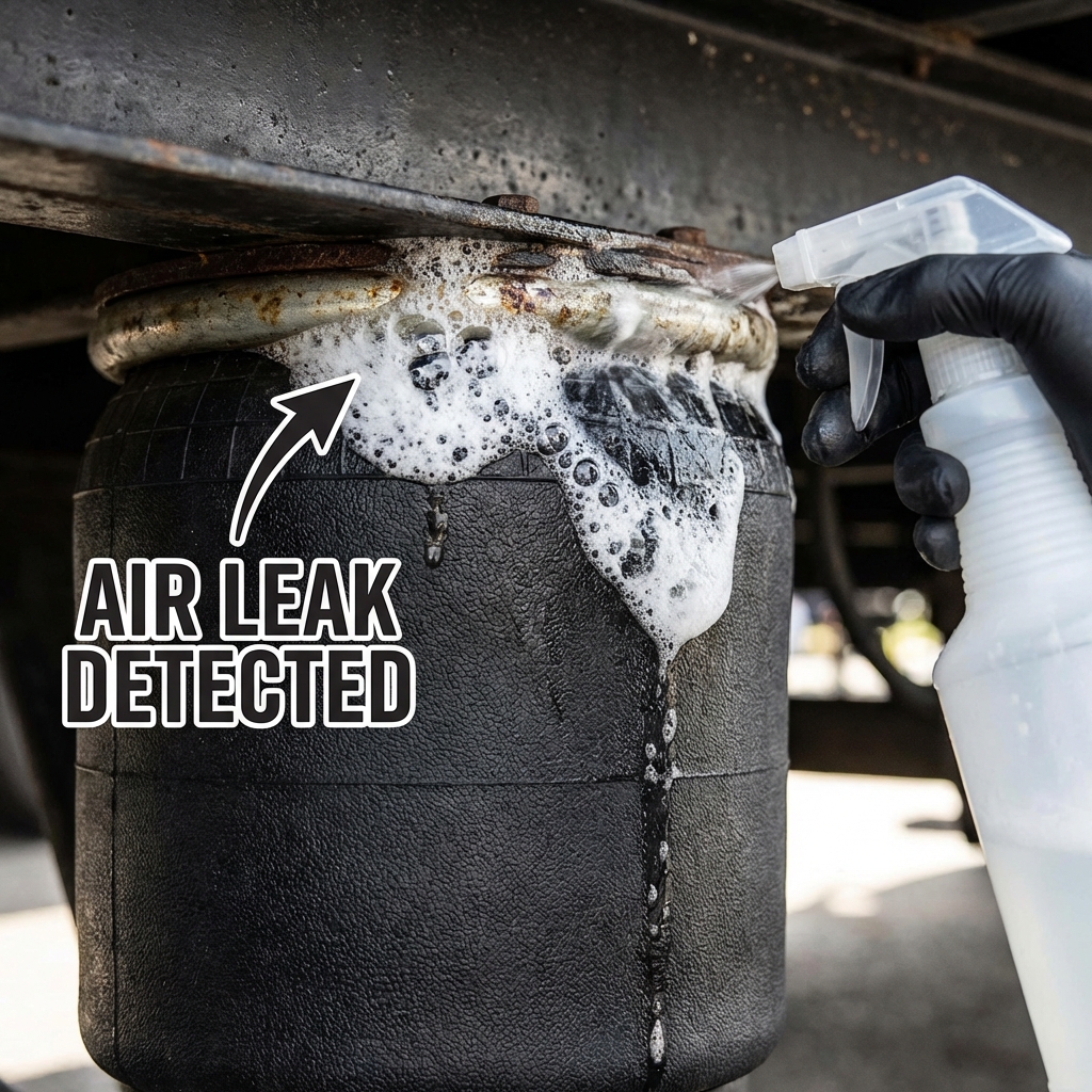 Air bag leak detection using soapy water solution test on trailer suspension