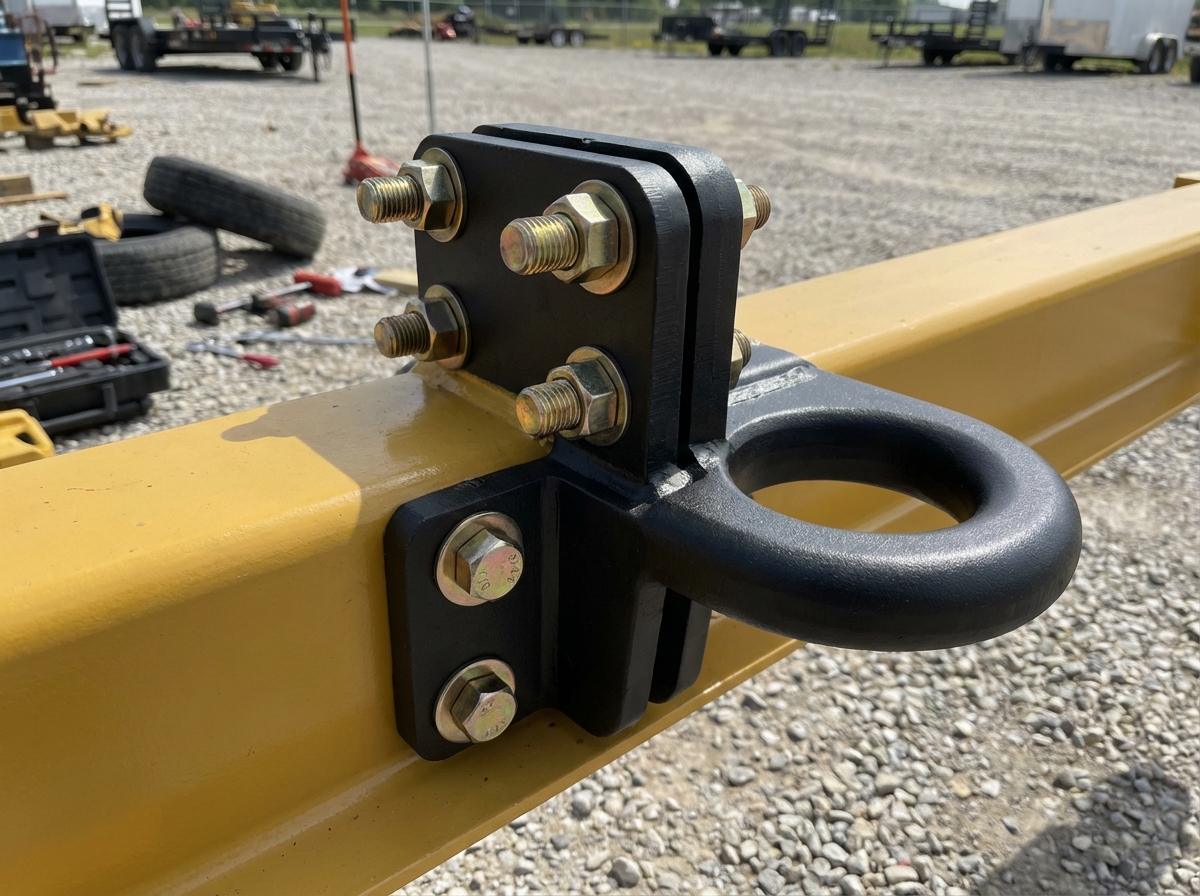 New heavy-duty lunette ring bolted onto construction trailer tongue with Grade-8 hardware