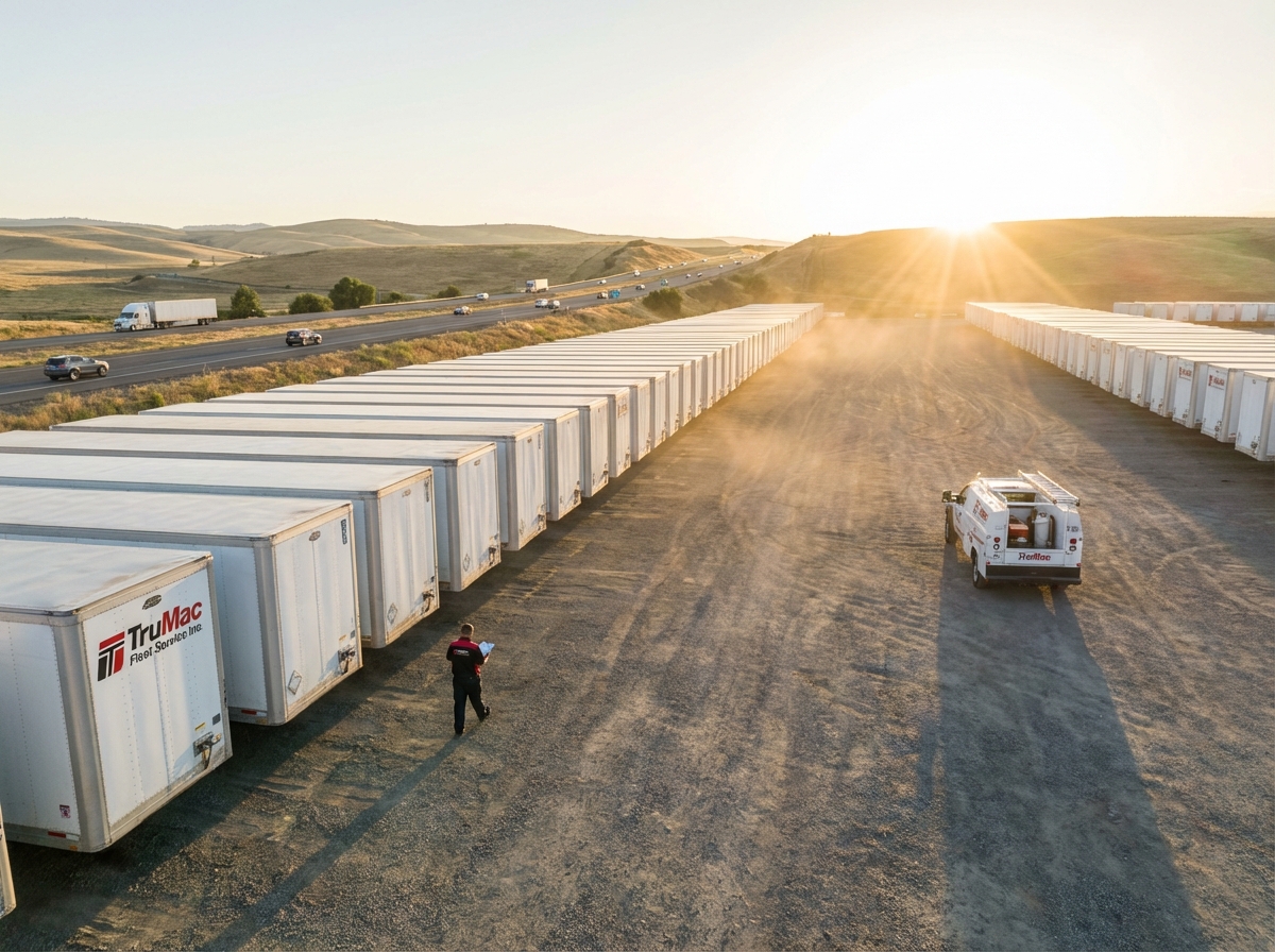 TruMac technician performing fleet inspections on lineup of trailers at I-5 corridor drop yard