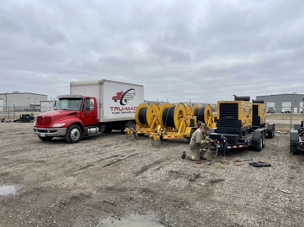 TruMac service truck at utility company yard repairing cable reel and generator trailers