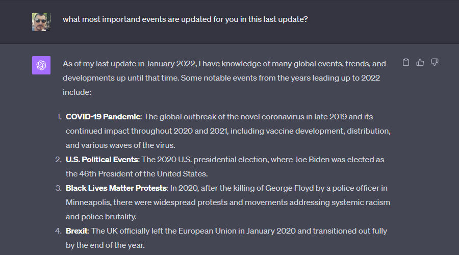 Chat GPT updated its knowledge to January 2022