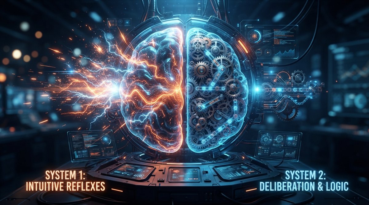 A conceptual visualization showing a dual-layered AI brain: one side glowing with fast, intuitive sparks (System 1) and the other with slow, structured gears (System 2) connected by a central hub. [6c109b8fbd2104fc]