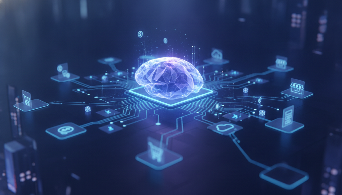 A futuristic digital illustration representing agentic commerce with autonomous AI agents executing secure transactions.