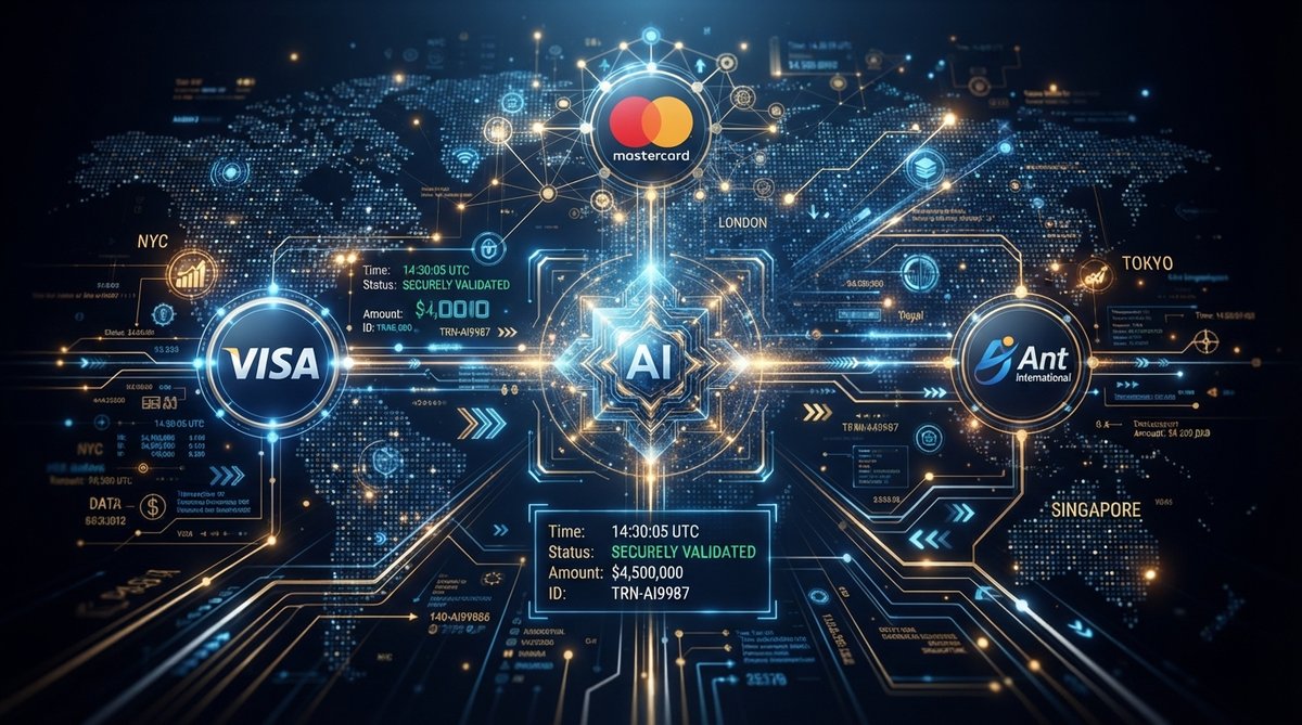 Futuristic digital illustration representing a global financial network with glowing nodes connecting Visa, Mastercard, and Ant International logos, symbolizing a secure trust framework for AI agents. [772732f9aec8a136]