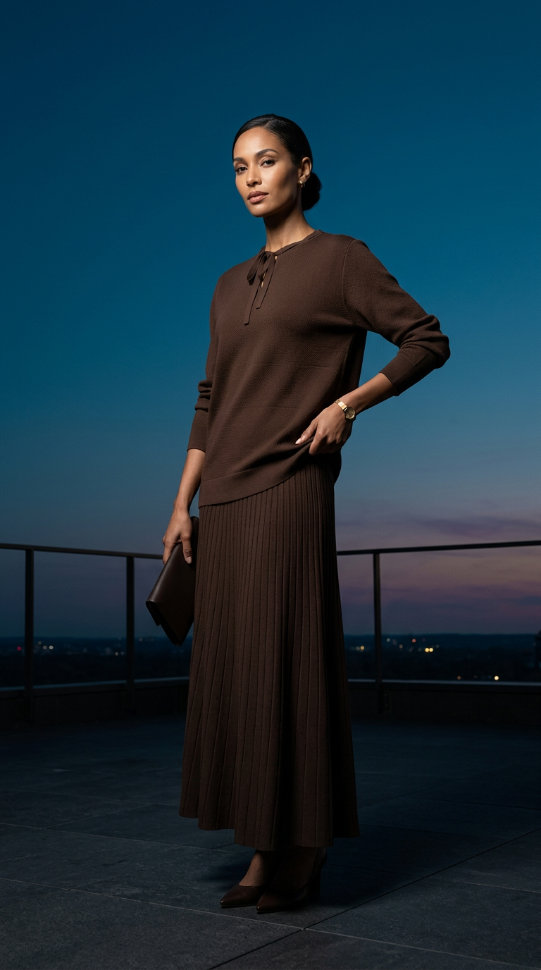 AI product shot of TRICOT SET MET TRUI EN ROK DAMES MAAT 38 DONKERBRUIN