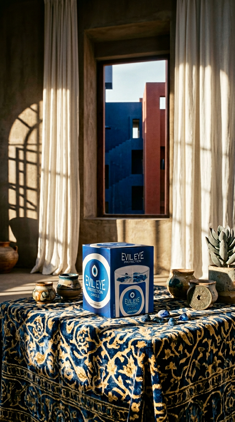 AI product shot of Evil Eye Glass Jar Candle