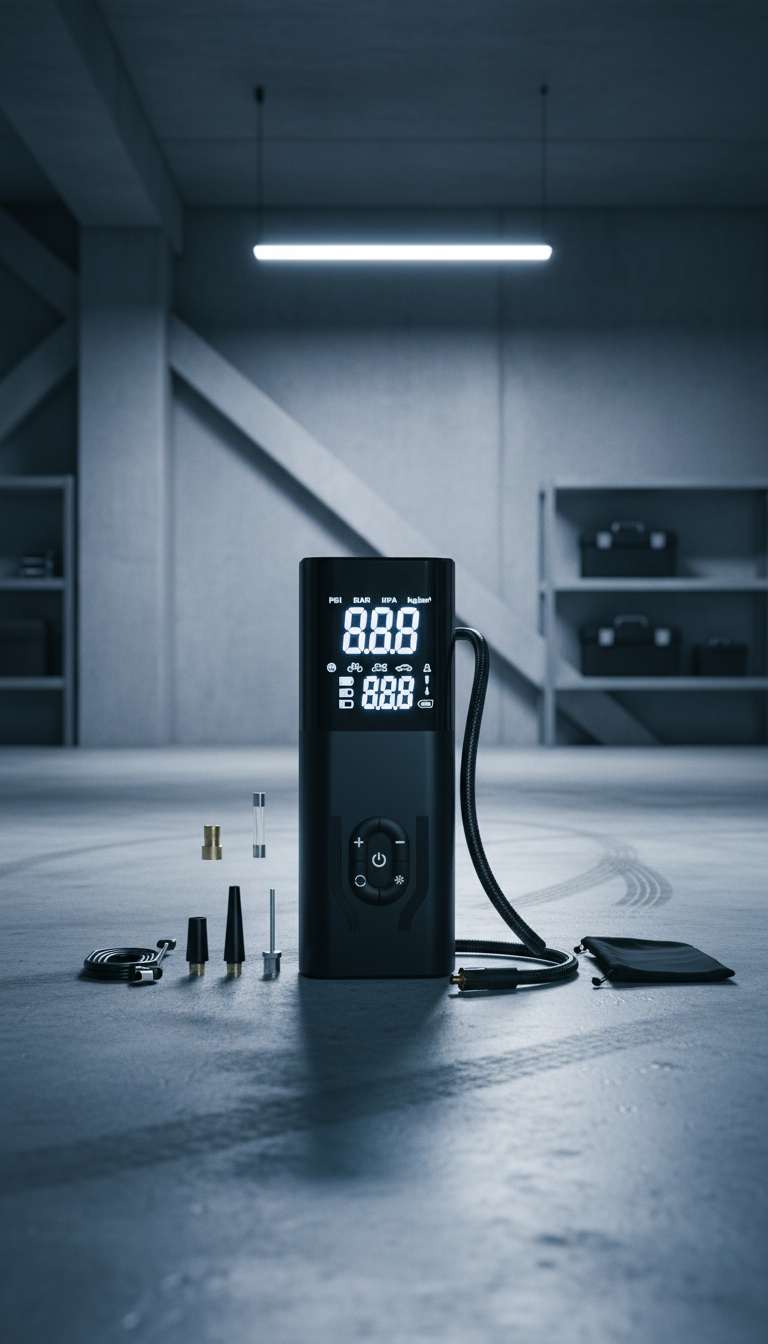 AI product shot of Tire Inflator Portable Air Compressor, 180PSI Air Pump for Car, 6X Faster Cordless Air Compressor with Digital Pressure Gauge, Tire Inflator with Dual Mode Inflation for Car, Moto, Bicycle and Ball