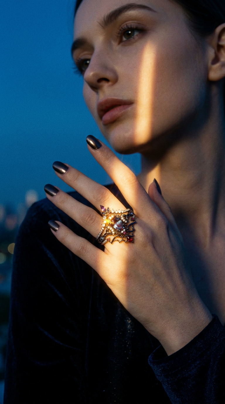 AI product shot of 14K Gold Alexandrite Amethyst Blue Sandstone Moonstone Ruby 3 Piece Ring