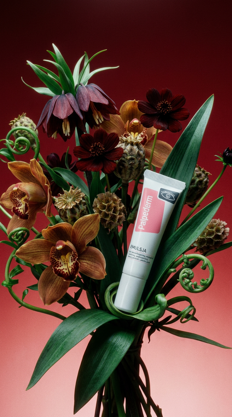 AI product shot of Palpederm, emulsja do specjalistycznej pielęgnacji i ochrony podrażnionej skóry powiek i okolic oczu,15 ml