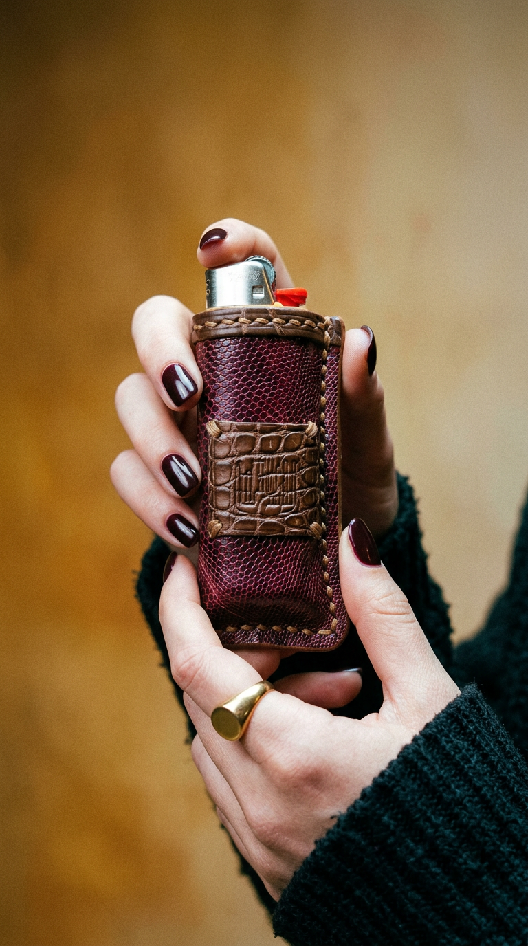 AI product shot of Étui à briquet en cuir de lézard marron