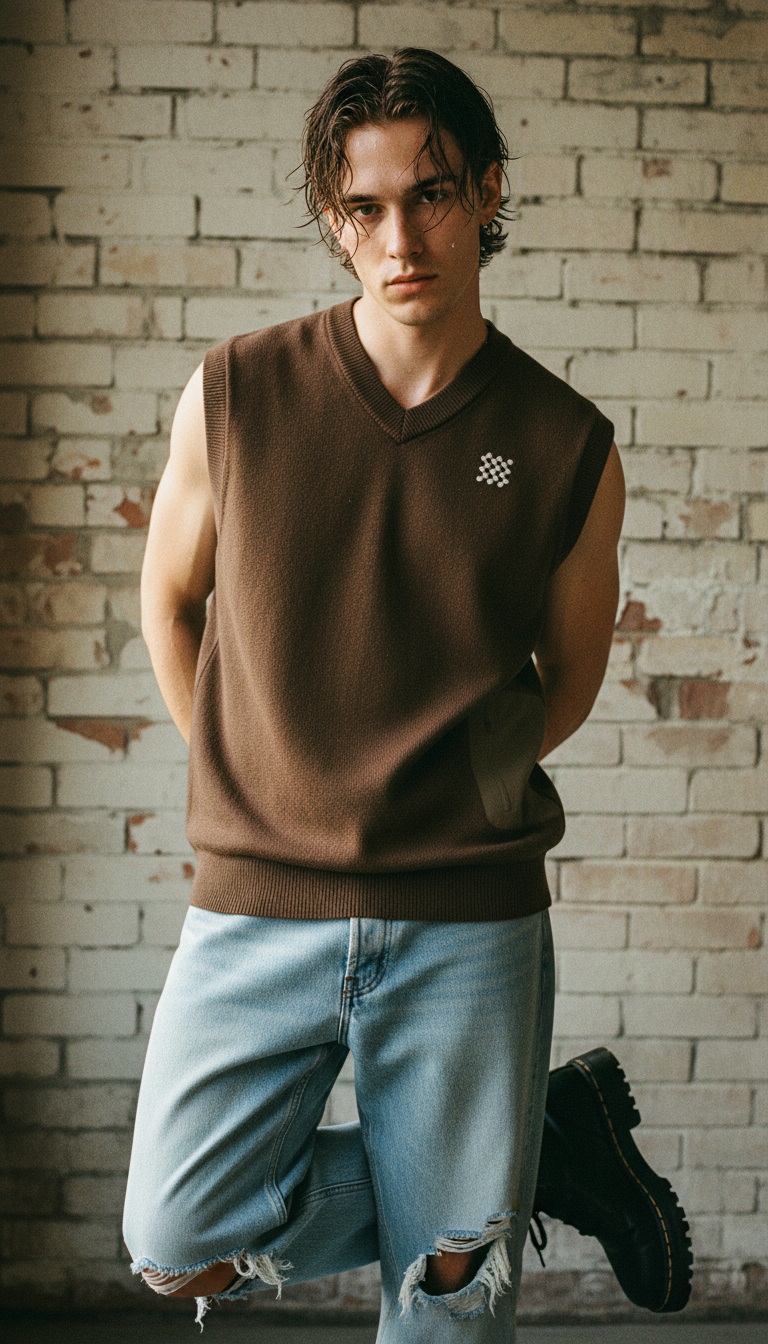 AI product shot of 메리노 울 베스트_히코리 브라운