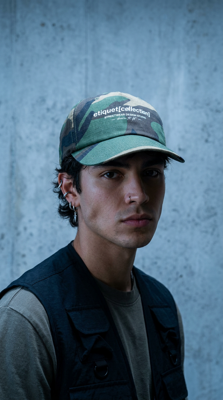 AI product shot of Streetwear Design Studio Headpiece - Camo/White