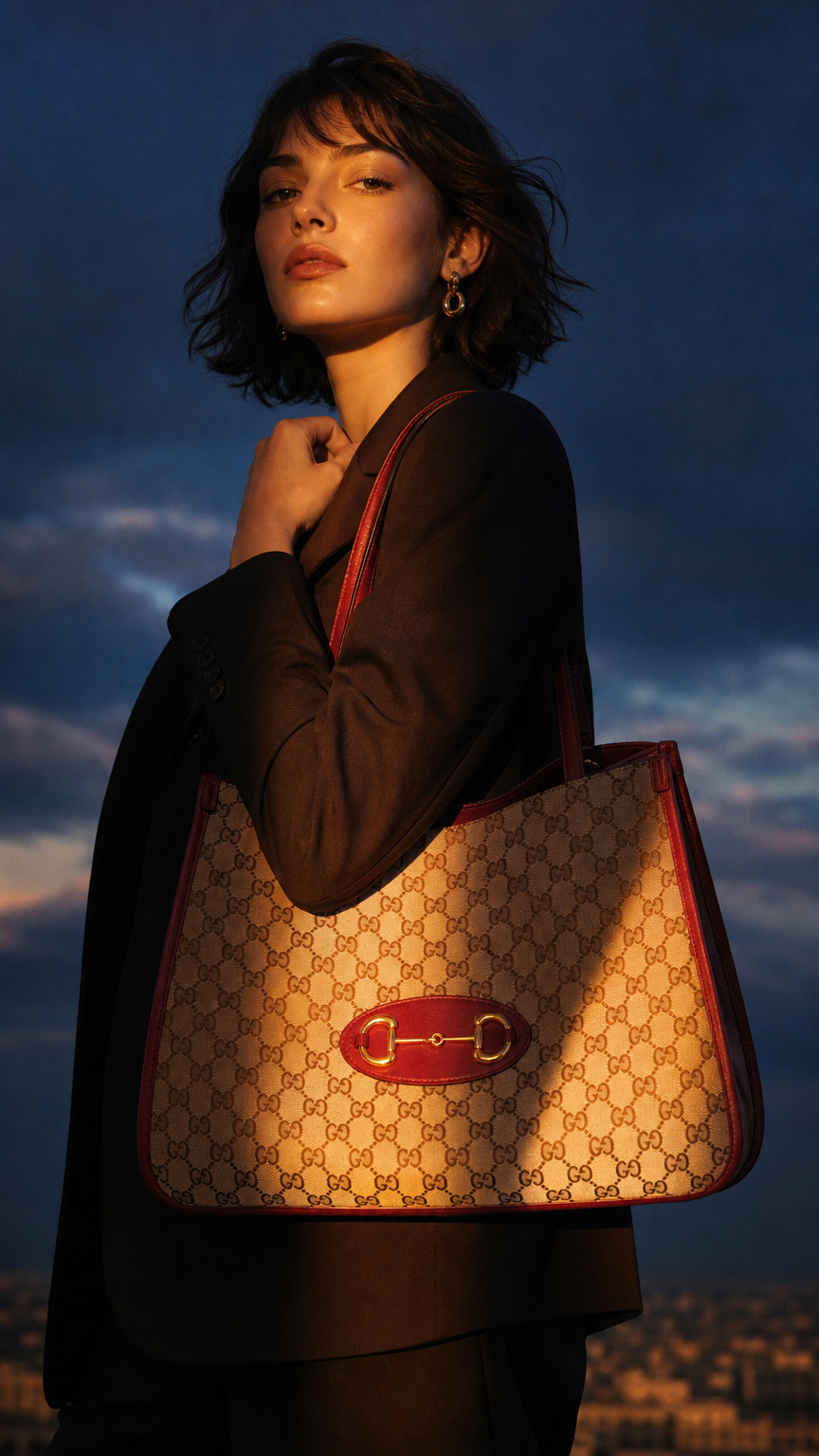 AI product shot of Gucci GG Canvas Horsebit Tote 1955