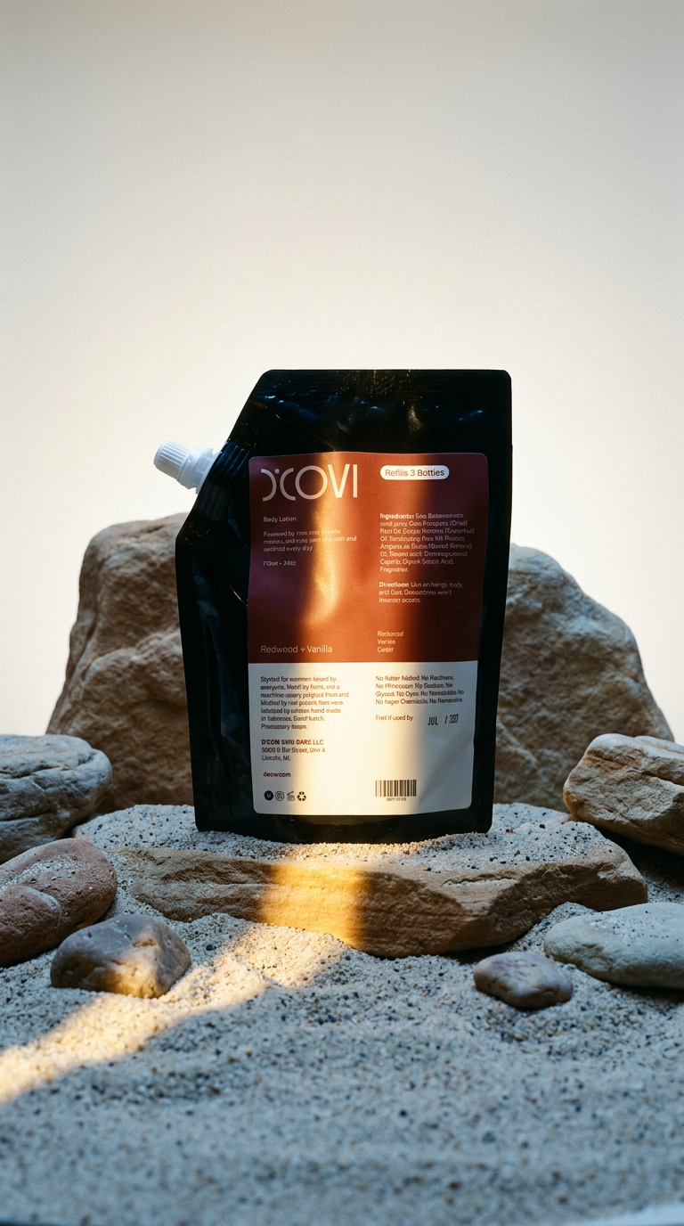 AI product shot of Redwood + Vanilla Body Lotion Refill