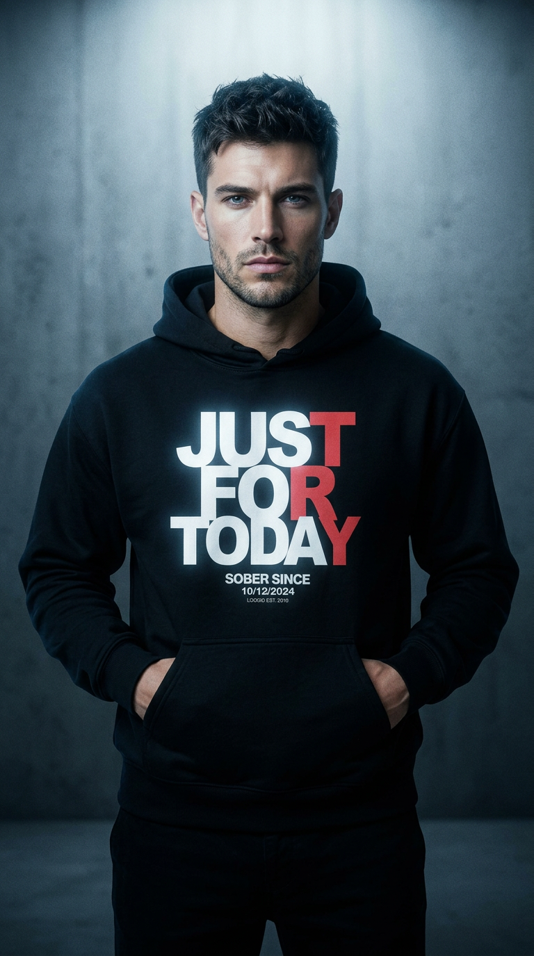 AI product shot of Recovery Hoodie | Just For Today Custom Sobriety Date