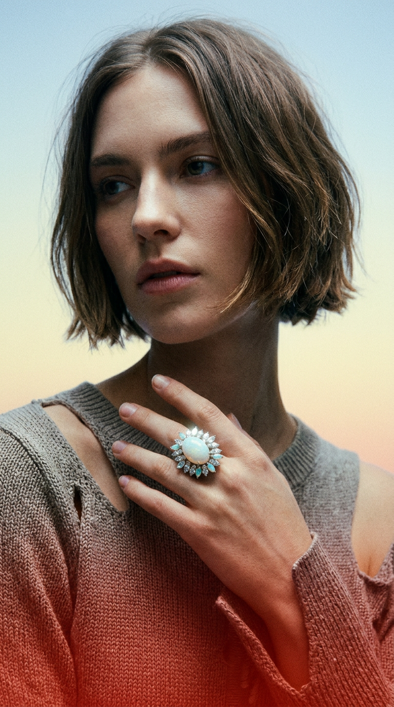 AI product shot of 18K Gold Opal Diamond Vintage Ring