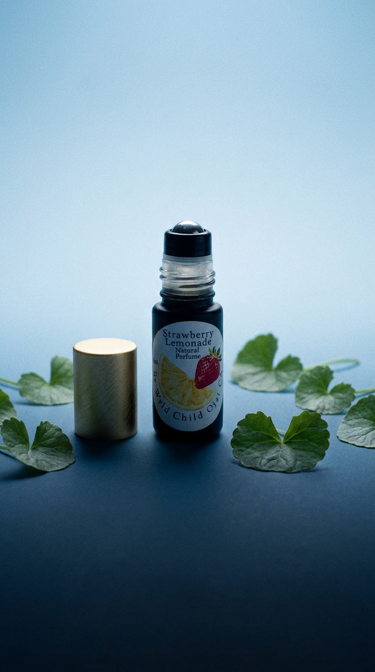 AI product shot of Natural Strawberry Lemonade Roller Perfume. Bright and refreshing