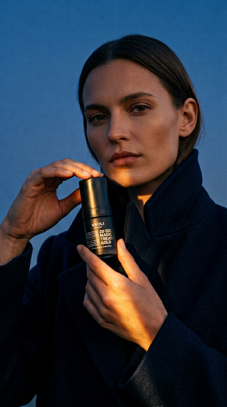 AI product shot of Rozświetlająco-liftingująco-naprawcze serum pod oczy i na powieki z kofeiną, peptydami, kwasem hialuronowym i kompleksem Beautifeye™ 20 SECONDS MAGIC EYE TREATMENT GOLD