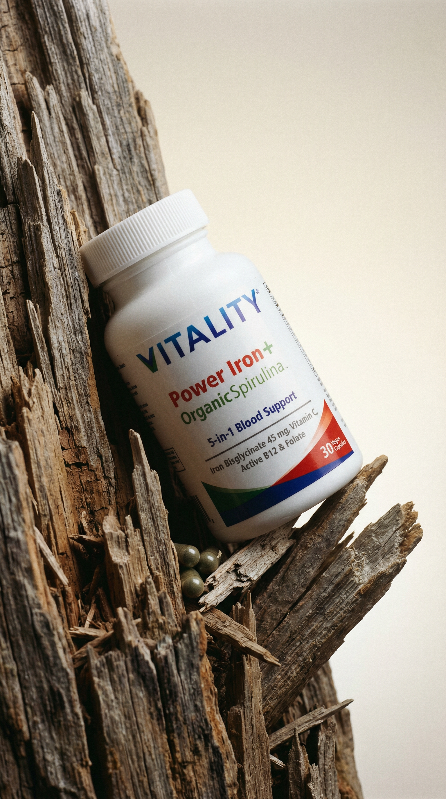 AI product shot of VITALITY Power Iron Bisglycinate High Dose 45mg - with B12 1000mcg, Vitamin C, Folate Folic Acid, High Absorption Blood Builder Iron Supplements for Women & Men with Iron Deficiency, 30 Vegan Capsules