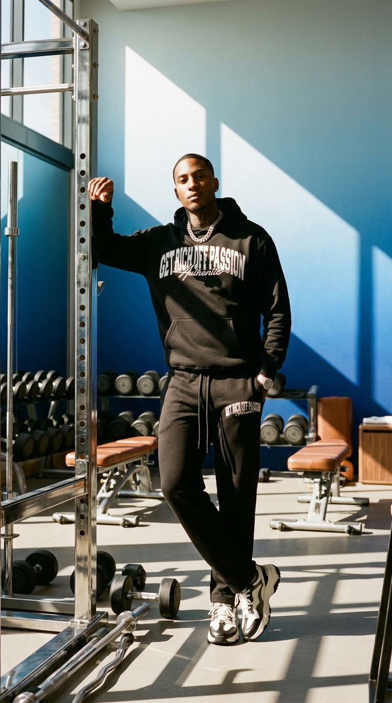 AI product shot of Get Rich Off Passion Sweatsuit