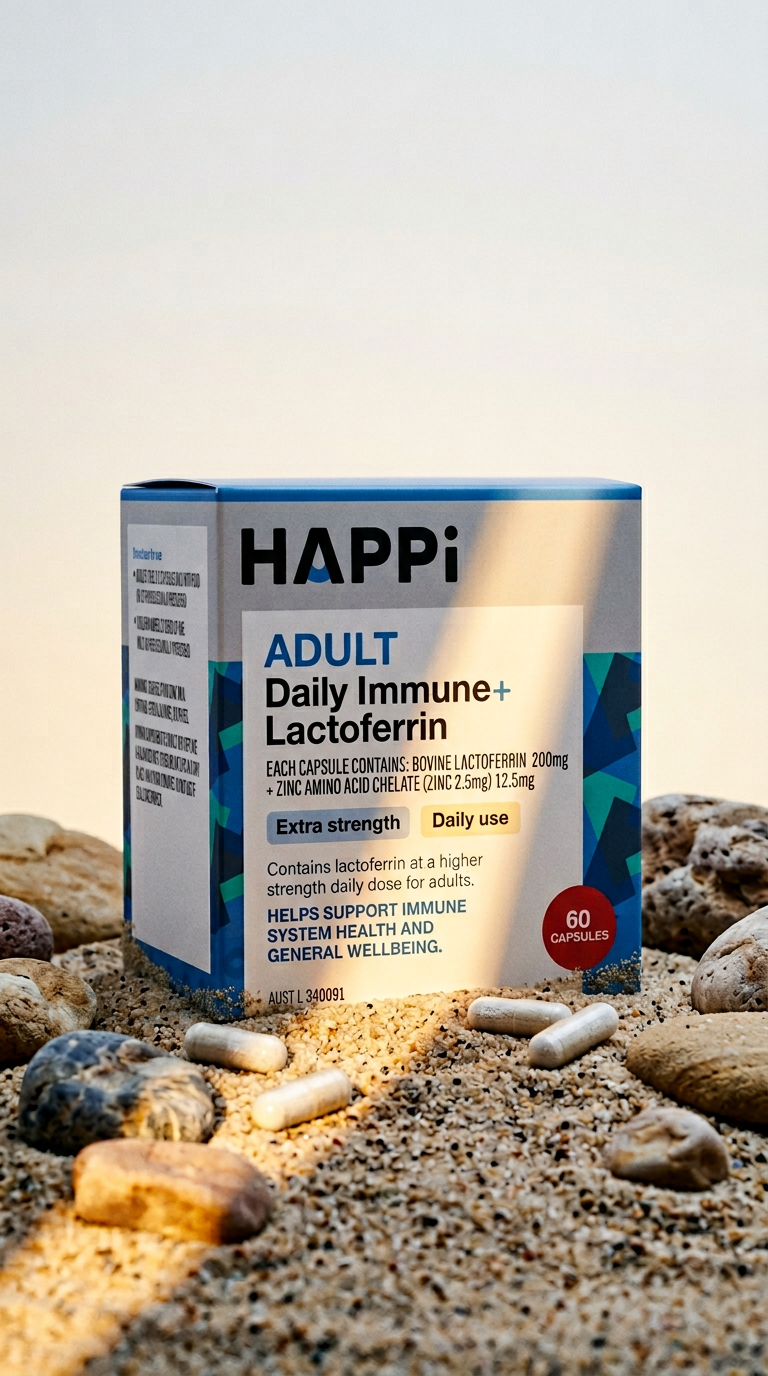 AI product shot of HAPPI Adult Daily Immune+ Lactoferrin