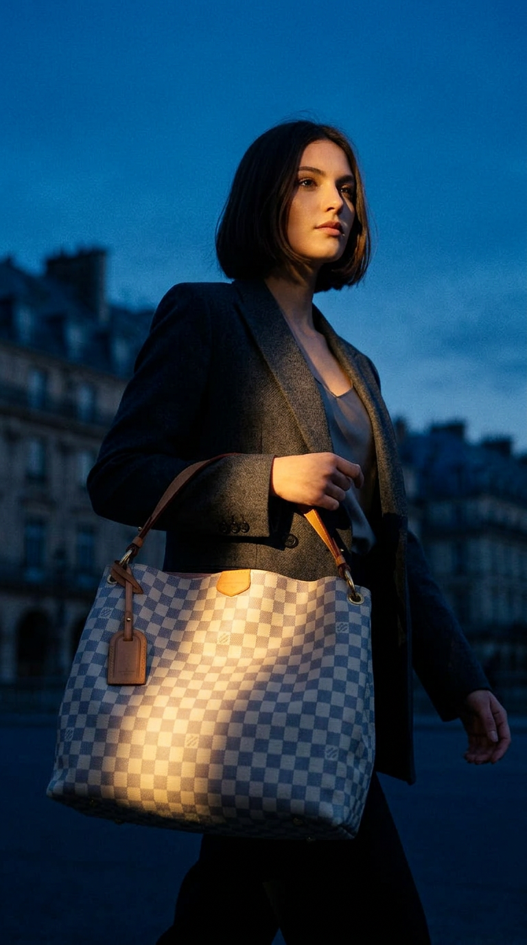 AI product shot of Louis Vuitton Graceful MM Damier Azur