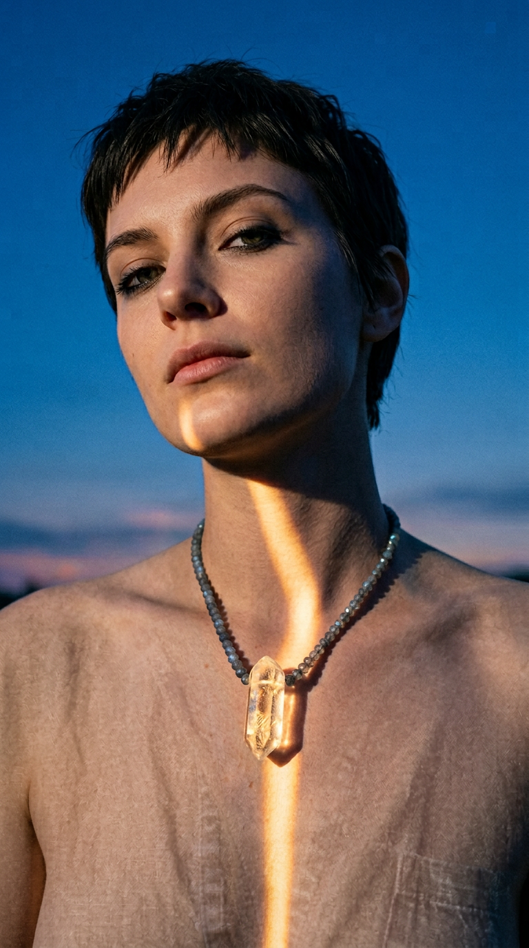 AI product shot of Origins Clear Quartz & Labradorite Beaded Necklace