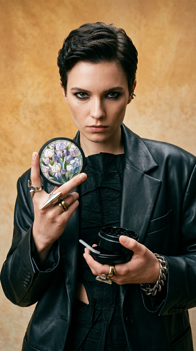 AI product shot of Purple, Blue and Blush Irises with Stained Glass Effect - 4-Layer 2.5" Round Herb Grinder