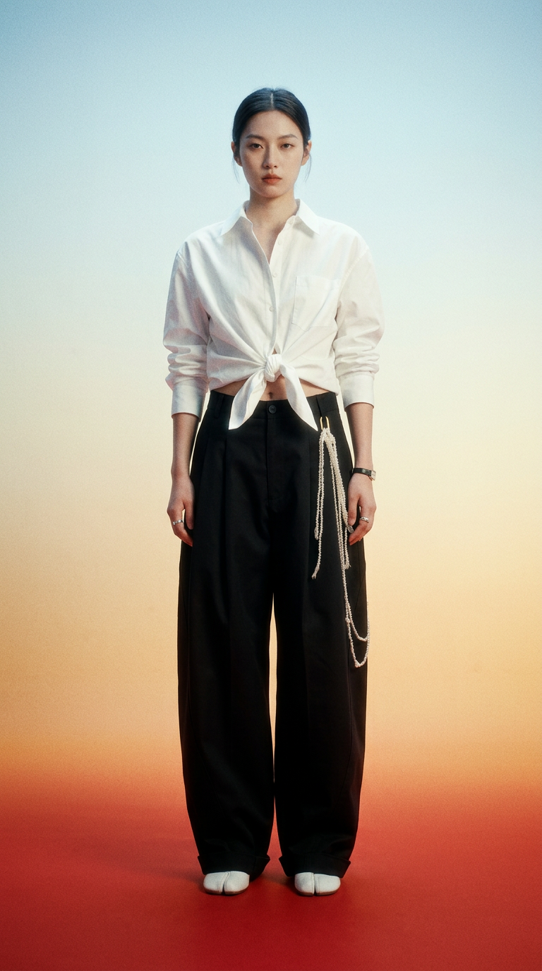 AI product shot of 闆娘自留/帥氣弧形珍珠鏈條休閒褲