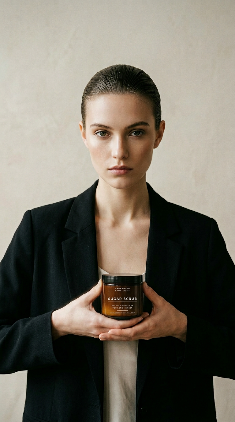 AI product shot of Geranium + Citrus Sugar Scrub