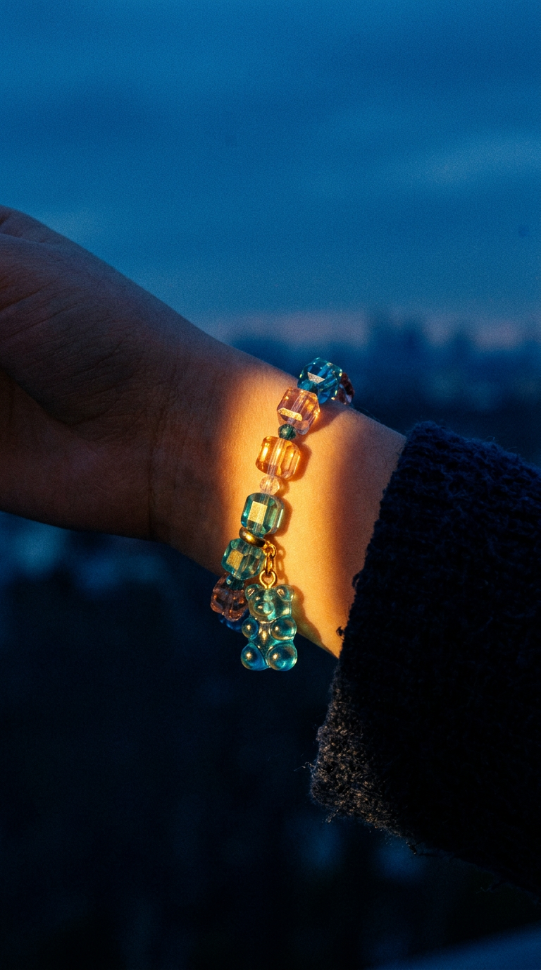 AI product shot of kinderarmband met kristal glazen kralen